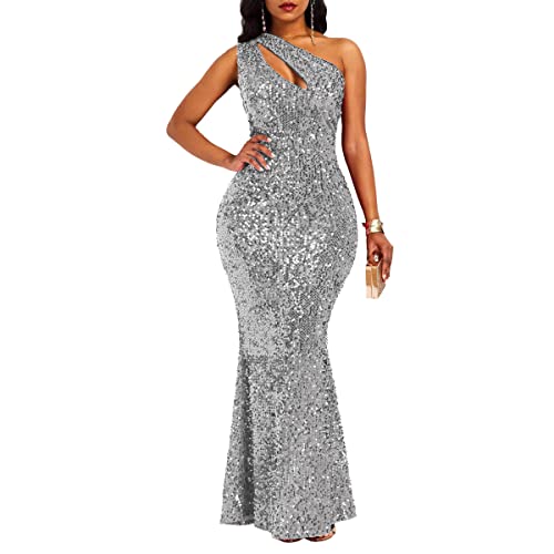 VERWIN Pailletten Mode ärmellose schräge Kragen Meerjungfrau Frauen Maxikleid Bodycon Kleid Partykleid, Grau, Mittel von VERWIN