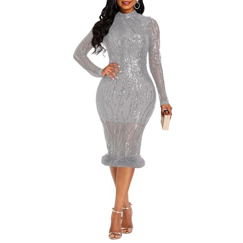 VERWIN Pailletten Patchwork Bodycon Kleid Damen Langarm Kleid Elegant Kleid Plume Maxikleid Partykleid, Grau, X-Groß von VERWIN