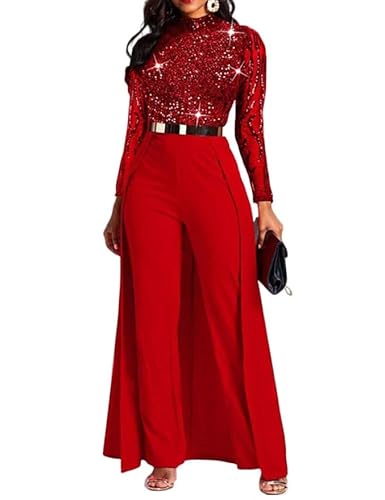 VERWIN Damen-Overall, Patchwork-Overlay, Pailletten, verziert, hohe Taille, Langarm, Rot, XX-Large von VERWIN