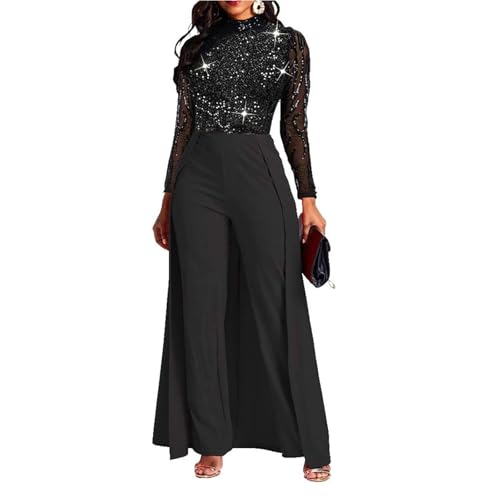 VERWIN Damen-Overall, Patchwork-Overlay, Pailletten, verziert, hohe Taille, Langarm, Schwarz, XX-Large von VERWIN