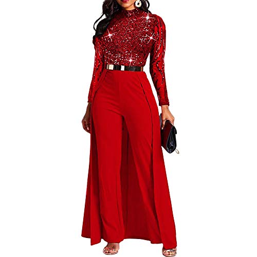 VERWIN Damen-Overall, Patchwork-Overlay, Pailletten, verziert, hohe Taille, Langarm, Rot, Medium von VERWIN