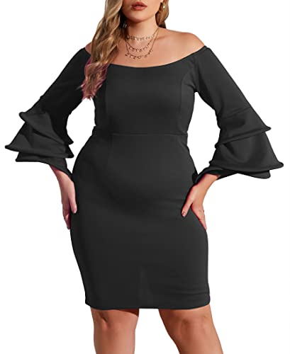 VERWIN Plus Size Bodycon Kleid Langarm Midi Kleid Schulterfrei Ballkleid für Frauen Stretchy Cocktailkleid, Schwarz, X-Large Plus von VERWIN