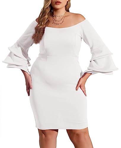 VERWIN Plus Size Bodycon Kleid Langarm Midi Kleid Schulterfrei Ballkleid für Frauen Stretchy Cocktailkleid, Weiß, 5X-Large Plus von VERWIN