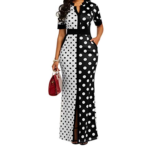 VERWIN Polka Dot Print Pocket Kurzarm Bodycon Kleid Damen Slit Maxi Kleid M von VERWIN