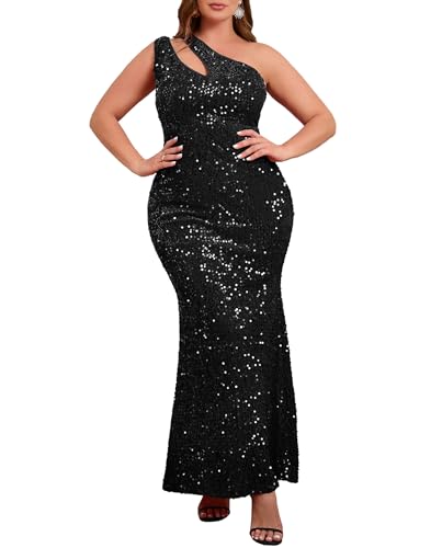 VERWIN Übergröße Pailletten Mode ärmellos schräg Kragen Meerjungfrau Damen Maxikleid Abendkleid Partykleid Bodycon Kleid, Schwarz, XX-Large Mehr von VERWIN