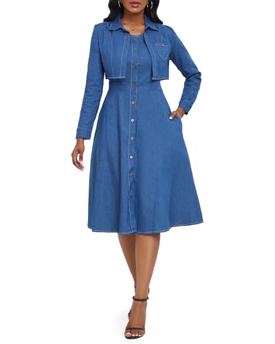 VERWIN Zweiteiliges Jeanskleid mit Jacken, Midi-Kleid, Button-Down-Party, langärmelig, Hemdkleid, Outfits, blau, XL von VERWIN
