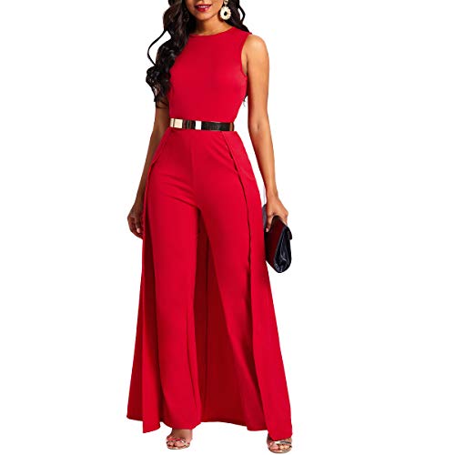 VERWIN Damen-Overall, Patchwork-Overlay, verziert, einfarbig, hohe Taille, ärmellos, Rot, XX-Large von VERWIN