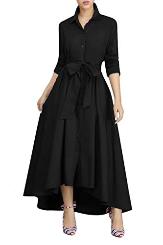 VERWIN Damen Langarm Lose Elegant Maxikleid Button Down Up Shirt Langes Kleid mit Taschen und Gürtel, Schwarz , XXL von VERWIN