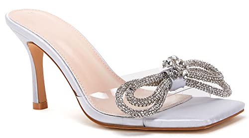 Damen Sandalen mit Absatz, quadratisch, offene Zehenpartie, doppelte Schleife, Satin-Pantoletten, Absätze, Hochzeit, Party, Slip on Stilettos, durchsichtig, 40 EU von VETASTE