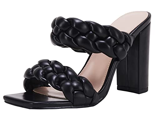 VETASTE Damen Geflochtene Sandalen mit Absatz Chunky Heels Pantoletten Quadratische Offene Zehe Hoher Blockabsatz Sandalen, Schwarz, 37.5 EU von VETASTE