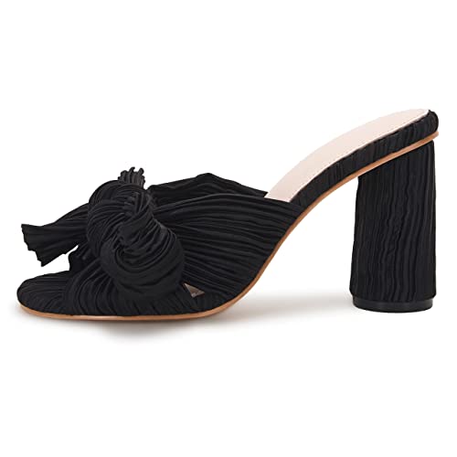 VETASTE Damen Plissee Schleife Knoten Absatz Bequem Slip On Open Toe Block Chunky Heel Slides Brautkleid Schuhe, Schwarz, 40.5 EU von VETASTE