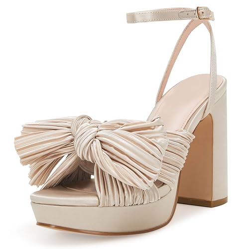 VETASTE Damen Plissee Schleife Knoten Plateau Absatz Sandalen Offene Zehen Chunky Blockabsatz Knöchel Schnalle Riemen Braut Hochzeit Kleid Schuhe, Beige, 39 EU von VETASTE