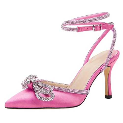 VETASTE Damen-Sandalen mit doppelter Schleife, spitz, Knöchelriemen, Kristall-Pumps, Hochzeit, Brautparty, Stilettos, rückenfrei, Satin mit Absatz, Pink, 36 EU von VETASTE