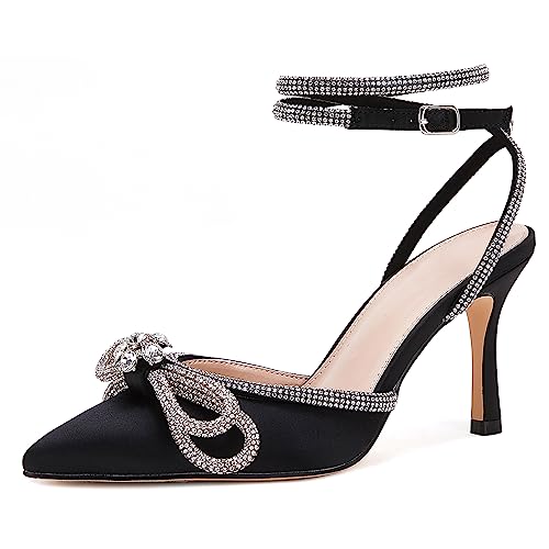 VETASTE Damen-Sandalen mit doppelter Schleife, spitz, Knöchelriemen, Kristall-Pumps, Hochzeit, Brautparty, Stilettos, rückenfrei, Satin mit Absatz, Schwarz, 42 EU von VETASTE