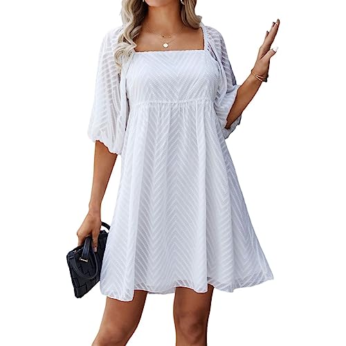 VETCS Damen Sommerkleid Mit Quadratischem Ausschnitt Und Puffärmeln Lässig Kurz Mini-Strand Fließend Dünn Und Cool Partykleid,Weiß,XL von VETCS