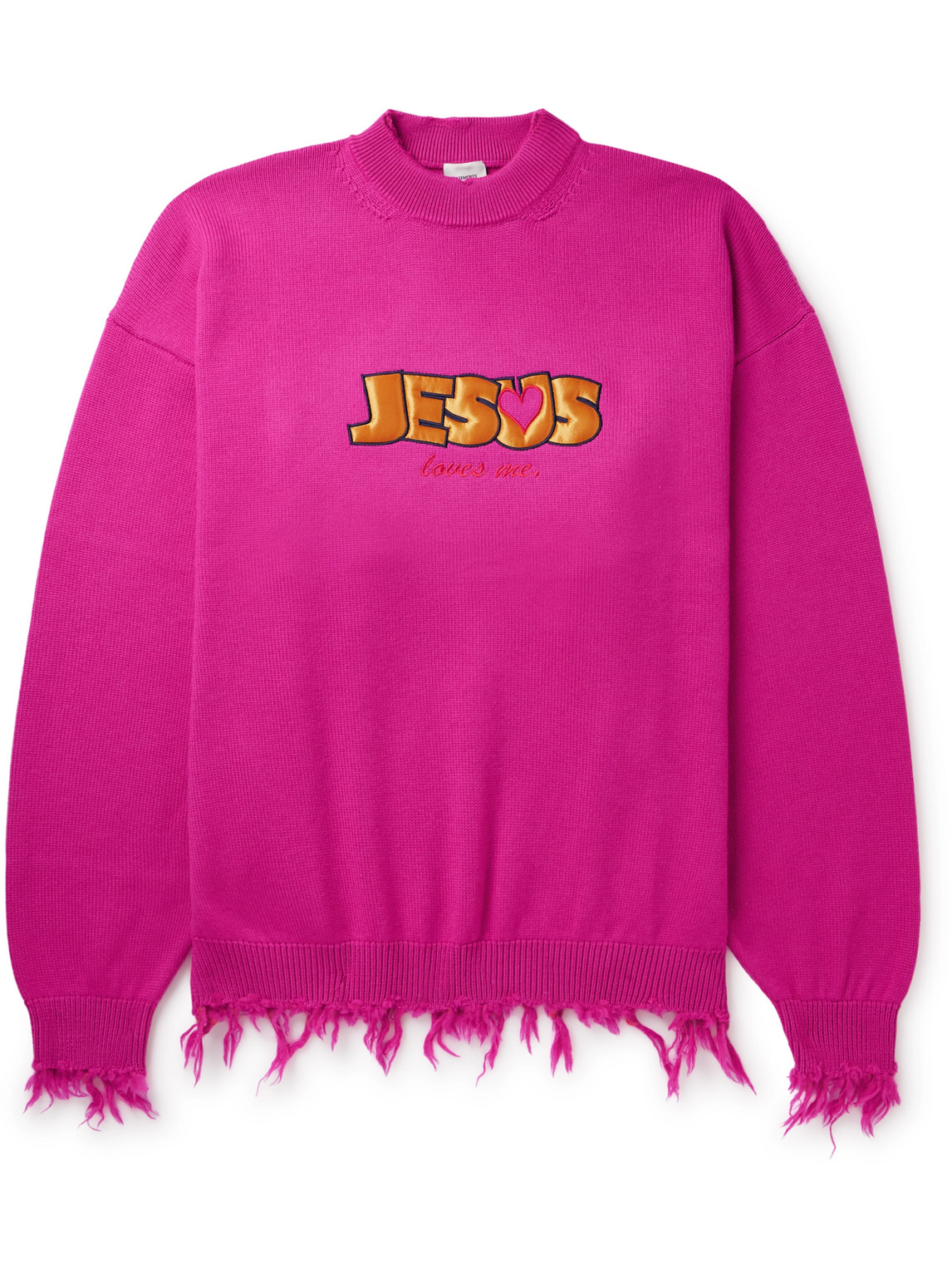 VETEMENTS - Jesus Loves You Distressed Merino Wool Sweater - Men - Pink - L von VETEMENTS