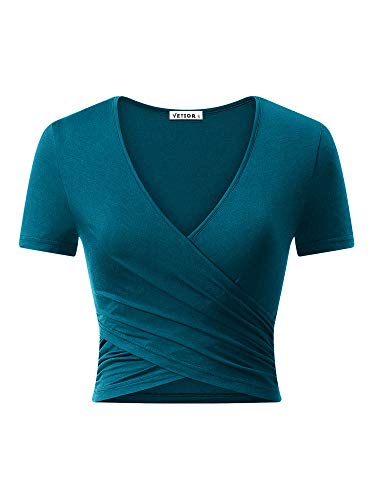 VETIOR Damen Sexy Tiefer V-Ausschnitt Kurzarm Einzigartige Slim Fit Cross Wrap Shirts Crop Tops Ausgehen Tops, Blaugrün/Ein Hauch von Paradies (Trace of Paradise), Mittel von VETIOR