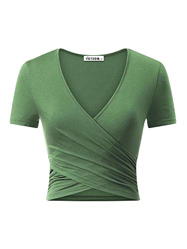 VETIOR Damen Sexy Tiefer V-Ausschnitt Kurzarm Einzigartige Slim Fit Cross Wrap Shirts Crop Tops Ausgehen Tops, Grün (Army Green), Groß von VETIOR