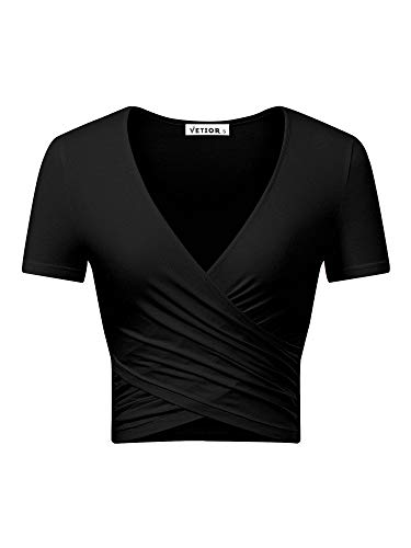 VETIOR Damen Sexy Tiefer V-Ausschnitt Kurzarm Einzigartige Slim Fit Cross Wrap Shirts Crop Tops Ausgehen Tops, Schwarz, Mittel von VETIOR