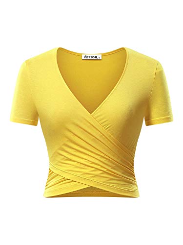 VETIOR Damen Sexy Tiefer V-Ausschnitt Kurzarm Einzigartige Slim Fit Cross Wrap Shirts Crop Tops Ausgehen Tops, gelb, Groß von VETIOR