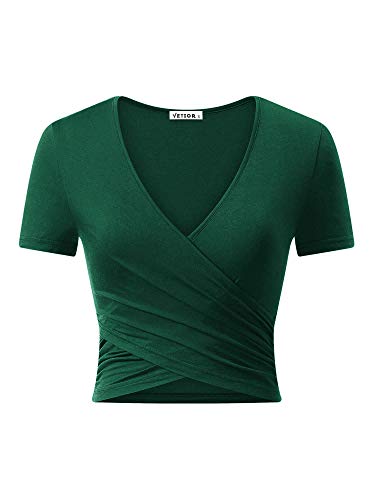 VETIOR Damen Tiefer V-Ausschnitt Kurzarm Einzigartige Slim Fit Coss Wrap Shirts Crop Tops - Grün - Groß von VETIOR