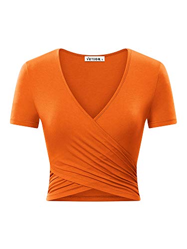 VETIOR Damen Tiefer V-Ausschnitt Kurzarm Einzigartige Slim Fit Coss Wrap Shirts Crop Tops - Orange - Groß von VETIOR