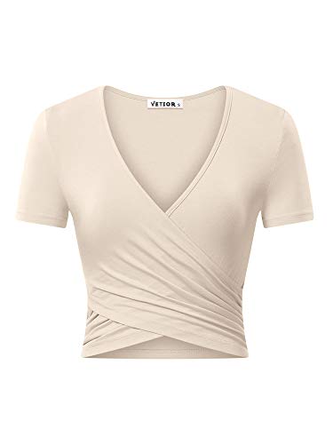 VETIOR Damen Tiefer V-Ausschnitt Kurzarm Einzigartige Slim Fit Cross Wrap Shirts Crop Tops - Beige - Klein von VETIOR