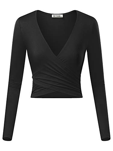 VETIOR Damen Tiefer V-Ausschnitt Langarm Einzigartige Slim Fit Cross Wrap Shirts Crop Tops, Schwarz, Klein von VETIOR