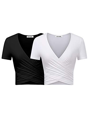 Vetior Damen-Top mit tiefem V-Ausschnitt, langärmlig, einzigartig, schmale Passform, Coss Wrap Shirts - mehrfarbig - Mittel von VETIOR