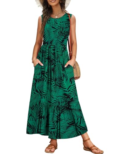 VEUNCOS Kleid Hohe Taille Elegant Maxikleid Sommer Ärmellos Strandkleid Luftig Lang Tank Kleid mit Elastischer Taille Grüne Blumen XXL von VEUNCOS