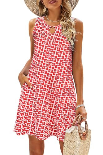 VEUNCOS Damen Kleider Elegant Sommer Ärmellos Knielang Tunika Kleid mit Taschen Grüne Rot M von VEUNCOS