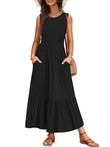 VEUNCOS Damen Sommer Hohe Taille Maxikleid Elegant Hochzeitsgast Kleid mit Rundhalsausschnitt Lässige Longkleid Schwarz S von VEUNCOS