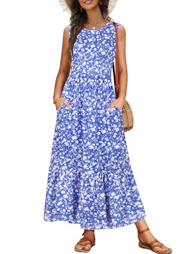 VEUNCOS Damen Sonnenkleider für Strand Urlaub Sommer Outfits Kleidung Maxikleider mit Taschen Blau geblümt L von VEUNCOS