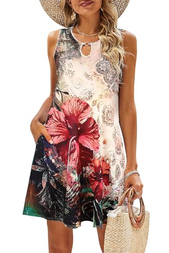 VEUNCOS Sommerkleid Damen Knielang A Linie Boho Kleid Lockere Strand Urlaubskleid mit Taschen,Beige Blume XXL von VEUNCOS