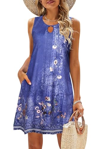 VEUNCOS Strandkleid Damen 2024 Urlaub Sommer Kleid Boho Lässiges Ärmelloses Tshirt Kleid Lila Blume M von VEUNCOS