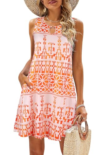 VEUNCOS Boho Kleid Damen mit Taschen Ärmelloses Sommer Tunika Kleid Strand Cover Ups,Orange S von VEUNCOS