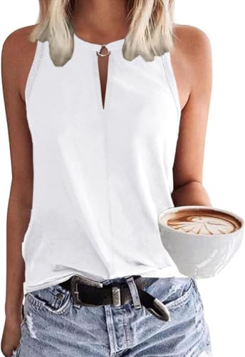 VEUNCOS Tank Top Damen Trendy Ärmellose Tshirt V Ausschnitt Oberteile Lockere Passform Weiß XXL von VEUNCOS