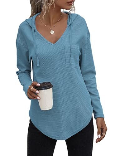VEUNCOS Hoodie Damen V Ausschitt Langarm Sweatshirt Lockere Leicht Pullover Herbstkleidung Blau XXL von VEUNCOS