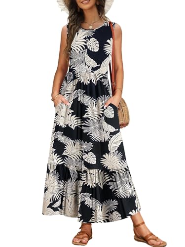 VEUNCOS Maxikleid Damen Sommerkleider Leicht und Luftig Lang Kleid mit Rüsche Plissee Kleider Ärmellos Strandkleid Schwarze Blumen S von VEUNCOS