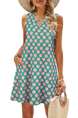 VEUNCOS Kleider Damen Sommer Elegant Ärmelloses Kleid Lockere Boho Kleider mit Taschen für Strand Grüne Blumen S von VEUNCOS