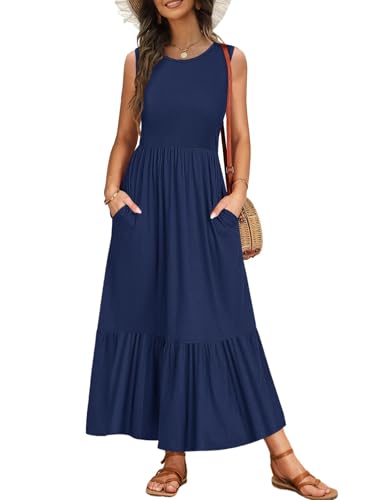 VEUNCOS Kleid Damen Sommer Ärmellos Maxikleid Casual Rundhals Hohe Taille Kleid Lang Plissee Strandkleid mit Taschen Dunkelblau M von VEUNCOS