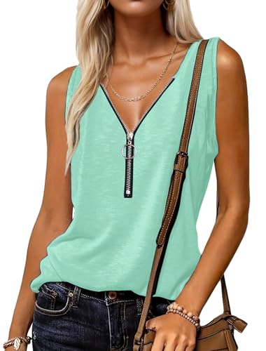 VEUNCOS Sommer Tops Damen 2024 Trendy Loose Fit Reißverschluss Baumwolle Tank Top V Ausschnitt Ärmellos Oberteile Grün S von VEUNCOS