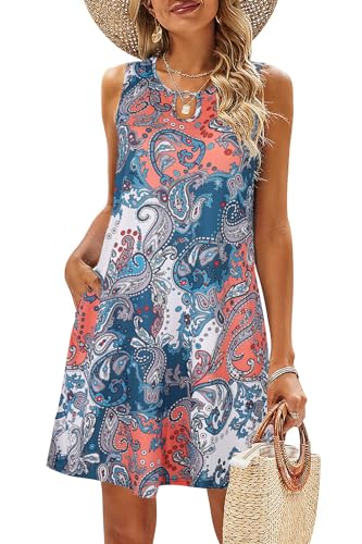 VEUNCOS Sonnenkleid für Frauen Lässig Kurz Blumig Fließend Kleider Boho Strandkleid,Orange Druck L von VEUNCOS