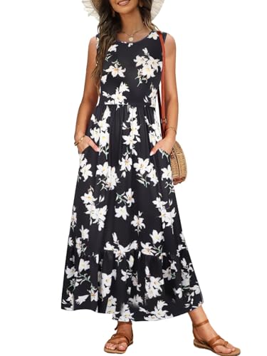 VEUNCOS Strandkleider Damen Sommer Ärmellos Blumen Boho Kleider für Frauen mit Taschen Dunkelblaue Blumen S von VEUNCOS
