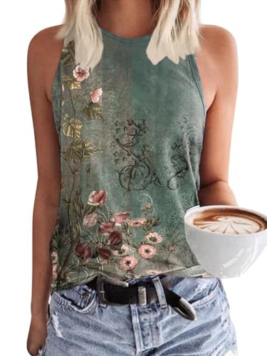 VEUNCOS Tank Tops Damen Loose Fit Leicht Basic Shirt Rundhals Blumenmuster Sommerkleidung Grüne Blume XXL von VEUNCOS