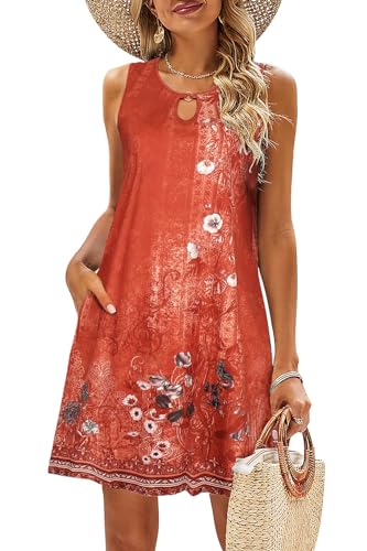 VEUNCOS Tunika Kleid Damen Sommer Boho Freizeit Kleid A Linie Ärmellos Kleid Loose Fit Rote Blume M von VEUNCOS