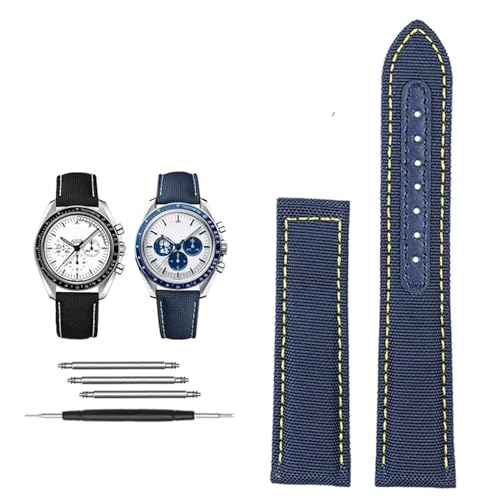 VEVEL 19 mm 20 mm Canvas-Nylon-Uhrenarmbänder für Omega Seamaster 300 Speedmaster AT150 Omega Speedmaster Slubby 310.32 Series Nylonarmband(Blue yellow -NK,19mm) von VEVEL