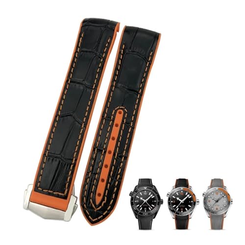 VEVEL 20mm 22mm Gummi-Nylon-Lederarmband passend für Omega Seamaster Diver 300 Planet Ocean 600M Seiko Orange Uhrenarmband(Black orange leather,20mm) von VEVEL
