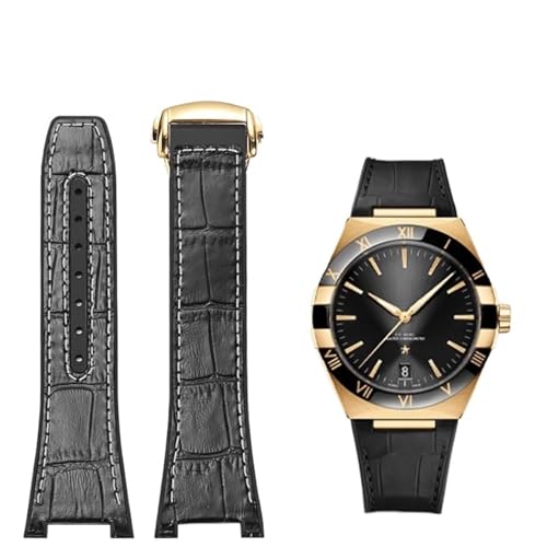 VEVEL Ersatz für das Omega Constellation Double Eagle-Uhrenarmband Manhattan-Observatoriumsarmband aus Kautschuk-Rindsleder für Herren, Kerbe 25–14 mm(Black white-gold) von VEVEL