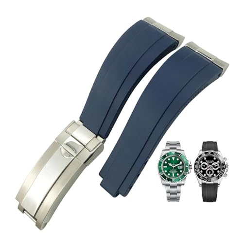 VEVEL Uhrenarmband aus Gummi mit Stahlkopfnarbung, passend für Rolex Submariner-Armband SUB GMT Ditongna-Uhrenarmband 20 mm(Blue,SilverBuckle-end) von VEVEL